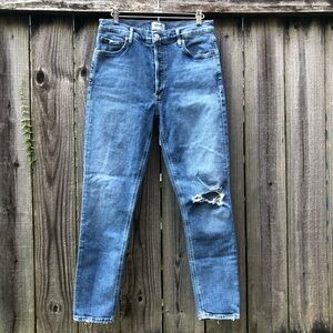 Agolde Nico Jeans Size 29 High Rise Medium Wash Cropped Busted Knee Button Fly